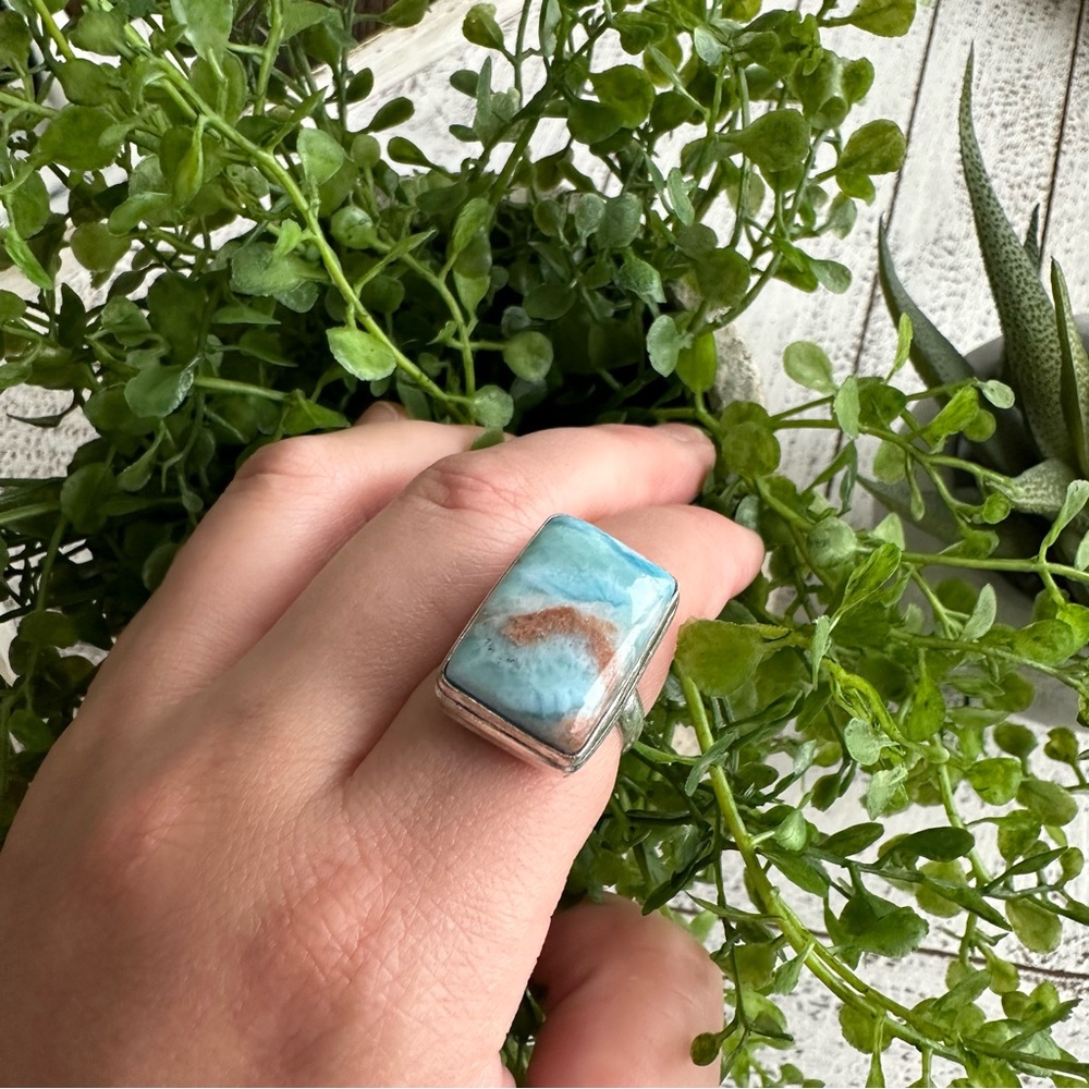 Larimar Blue Brown 8.5 ring Sterling Silver Plated Rounded Square Gemstone